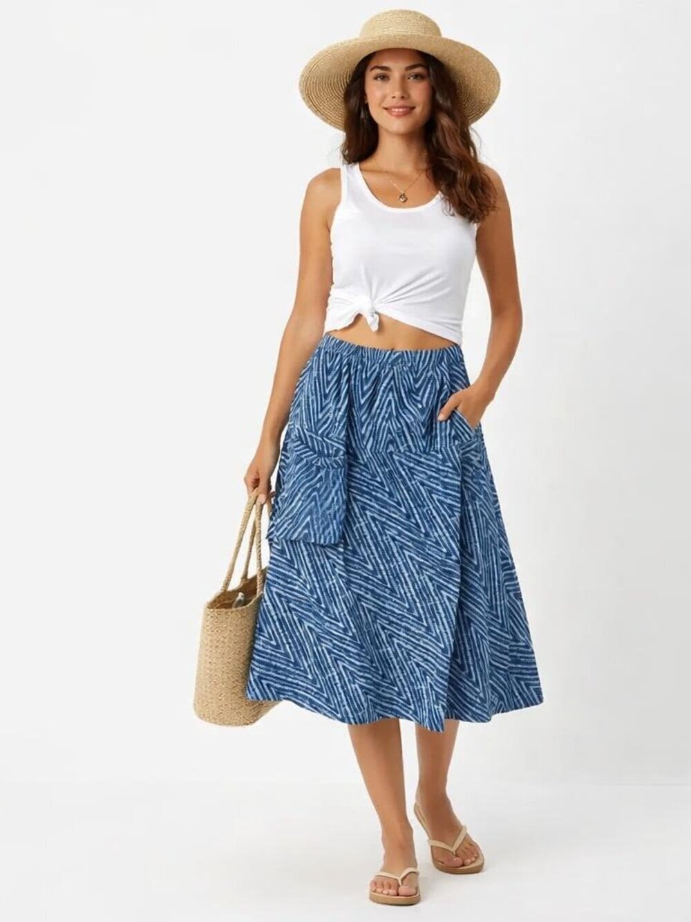 Phom Tape Thailand 100% Boiled Cotton Boho Summer Beach style midi skirtsz L